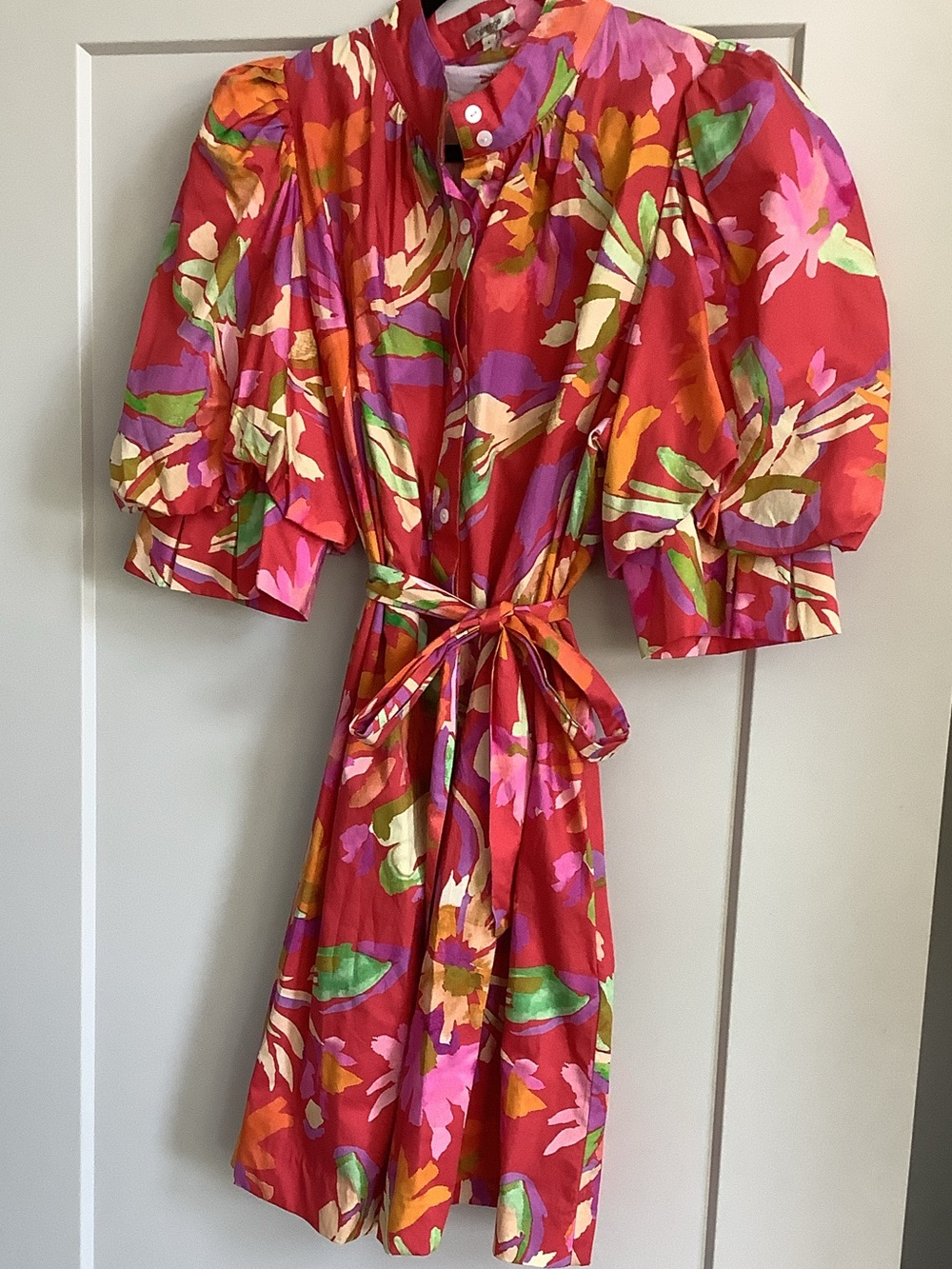 Tyler Boe Red Floral Puff-Sleeve Belted Dress